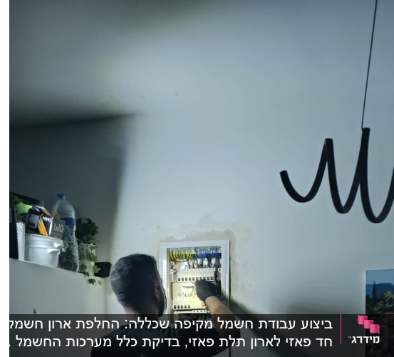 חשמלאי עובד על לוח חשמל עם כלים